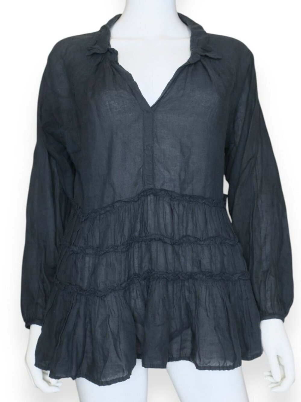 JP And Mattie Black Top Medium Boho Peasant Beachy Tiered Blouse Long Sleeve